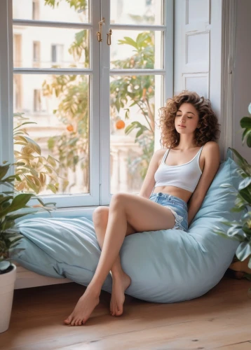 inflatable mattress,bean bag chair,air mattress,woman on bed,blue pillow,girl in bed,relaxed young girl,sofa,soft furniture,pillows,sofa bed,chaise longue,woman laying down,bed,mattress pad,bed linen,cushion,bedroom,throw pillow,duvet cover,Art,Classical Oil Painting,Classical Oil Painting 02