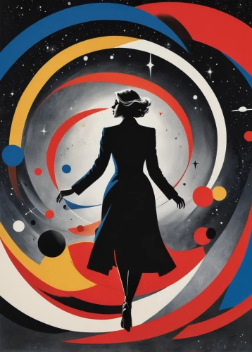 cosmos,sci fiction illustration,cosmos wind,harmonia macrocosmica,andromeda,whirling,copernican world system,cosmos field,doctor who,panoramical,heliosphere,inner planets,planetarium,orbiting,art deco woman,dr who,woman silhouette,atomic age,astral traveler,the universe,Art,Artistic Painting,Artistic Painting 43