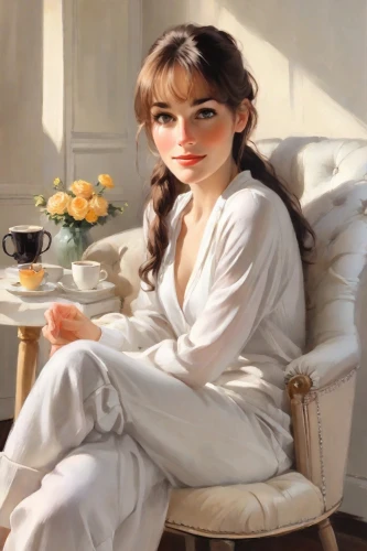 audrey hepburn,jane austen,woman sitting,audrey hepburn-hollywood,girl with cereal bowl,audrey,woman drinking coffee,woman at cafe,girl in a historic way,young woman,romantic portrait,portrait of a girl,the girl in nightie,cappuccino,oil painting,girl sitting,a charming woman,girl in cloth,realdoll,café au lait,Digital Art,Impressionism