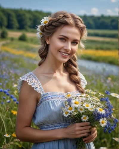 beautiful girl with flowers,girl in flowers,jessamine,celtic woman,country dress,jane austen,holding flowers,field of flowers,southern belle,flower girl,daisy flowers,flower background,meadow daisy,cinderella,countrygirl,a charming woman,spring crown,mayweed,girl picking flowers,flower crown,Photography,General,Natural