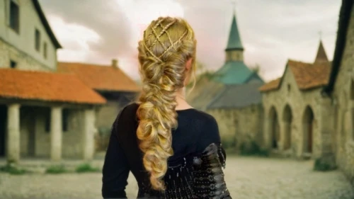 swath,braid,rapunzel,french braid,girl in a historic way,fishtail,fantasy picture,girl from behind,celtic queen,girl from the back,digital compositing,braiding,girl in a long dress from the back,dwarf sundheim,clove,back of head,girl walking away,knight village,blond girl,elven
