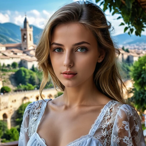 romantic portrait,tuscan,alhambra,beautiful young woman,pretty young woman,romantic look,girl in white dress,young woman,malcesine,jessamine,natural cosmetic,isabella,italian painter,rapunzel,portrait of a girl,beautiful face,beautiful girl with flowers,girl portrait,model beauty,european,Photography,General,Realistic