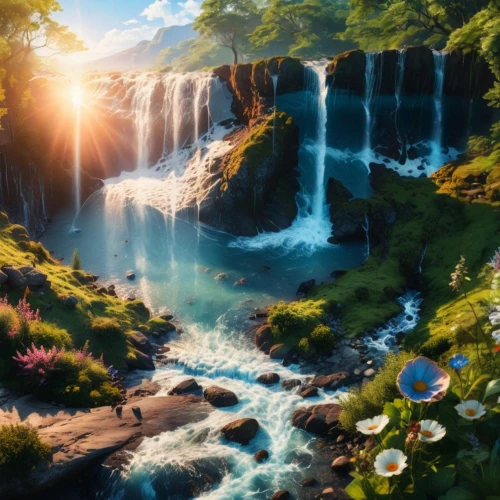 wasserfall,fantasy landscape,waterfall,water falls,waterfalls,ash falls,water fall,falls,full hd wallpaper,landscape background,mountain spring,brown waterfall,cartoon video game background,fantasy picture,a small waterfall,fairy world,beauty scene,bridal veil fall,green waterfall,world digital painting