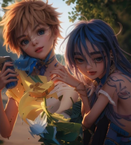 fairies,cg artwork,game illustration,holding flowers,monsoon banner,little angels,fae,nami,lily family,hands holding,fairytale characters,fairies aloft,lion children,childhood friends,magi,sun and moon,children drawing,3d fantasy,summer evening,kawaii children,Photography,General,Natural