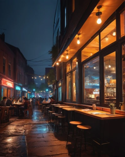 evening atmosphere,rain bar,outdoor dining,street cafe,new york restaurant,night scene,shoreditch,restaurants,blue hour,lamplighter,meatpacking district,alfresco,bistro,beer garden,paris cafe,wine tavern,a restaurant,bistrot,awnings,night view of red rose,Illustration,Black and White,Black and White 10