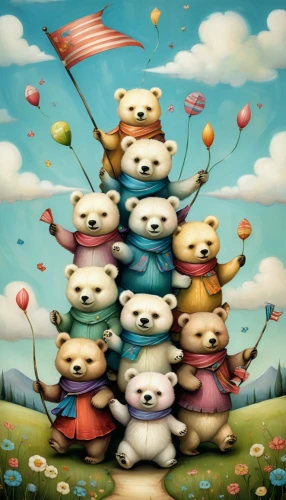 flag day (usa),the bears,children's background,kids illustration,patriotism,little flags,teddy bears,bears,animal tower,americana,a flock of sheep,seven citizens of the country,u s,flock of sheep,totem pole,america,pandas,whimsical animals,usa,counting sheep,Illustration,Abstract Fantasy,Abstract Fantasy 06