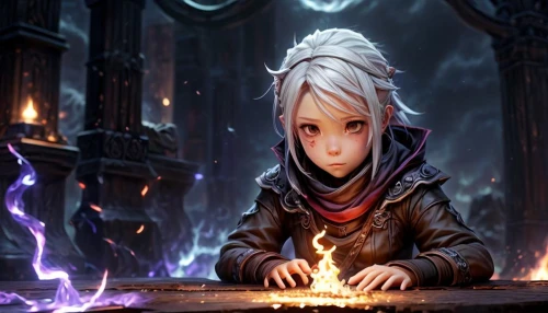 candlemaker,fire artist,dark elf,mage,sorceress,summoner,game illustration,magic grimoire,violet head elf,fire background,massively multiplayer online role-playing game,burning candle,divination,runes,flickering flame,torchlight,fantasy art,chess player,dodge warlock,fantasy picture