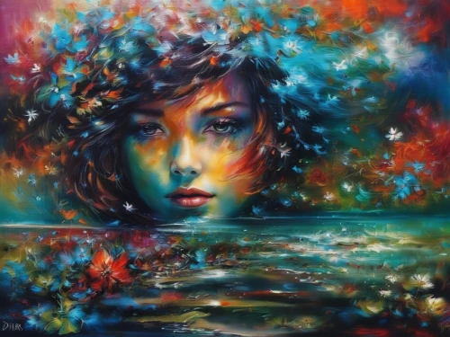 oil painting on canvas,oil painting,girl on the river,water nymph,oil on canvas,submerged,mystical portrait of a girl,immersed,art painting,siren,psychedelic art,colorful water,underwater landscape,painting technique,woman thinking,aura,la violetta,glass painting,fantasy art,fineart,Illustration,Paper based,Paper Based 04
