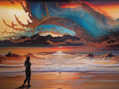 dune sea,psychedelic art,surrealism,girl on the dune,art painting,oil painting on canvas,fantasy art,seascape,dune landscape,sea landscape,painting technique,exploration of the sea,tidal wave,fantasy picture,ocean waves,glass painting,immenhausen,creative background,the endless sea,beach landscape,Illustration,Paper based,Paper Based 04