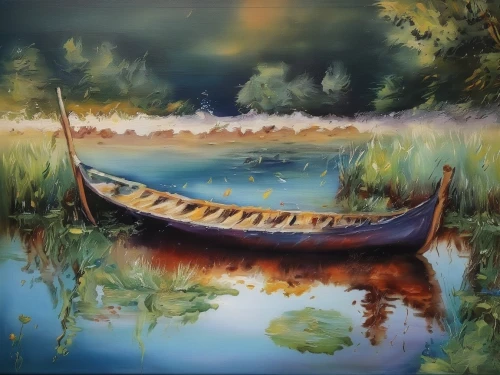 boat landscape,row boat,canoe,wooden boat,dugout canoe,canoes,fishing float,oil painting on canvas,rowboats,rowboat,oil painting,row-boat,long-tail boat,rowing boat,water boat,picnic boat,oil on canvas,wooden boats,rowing-boat,row boats,Illustration,Paper based,Paper Based 04