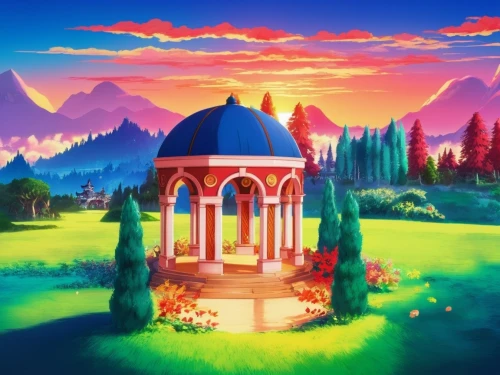 cartoon video game background,fairy tale castle,landscape background,fairy chimney,fairytale castle,fantasy landscape,gazebo,wishing well,mushroom landscape,fairy world,dusk background,studio ghibli,fairy village,arabic background,fairy house,beauty scene,background image,church painting,fantasy world,home landscape,Illustration,Japanese style,Japanese Style 03