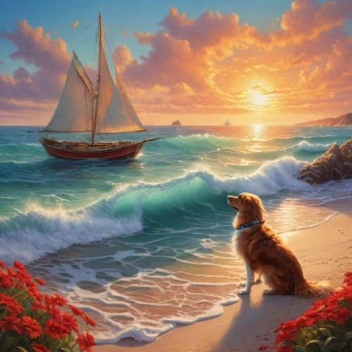 sea landscape,beach landscape,sailing,fantasy picture,sun and sea,sailboat,coastal landscape,boat landscape,ocean background,sailing-boat,seascape,dog in the water,sailing boat,sea breeze,landscape with sea,romantic scene,sail boat,landscape background,el mar,sea sailing ship