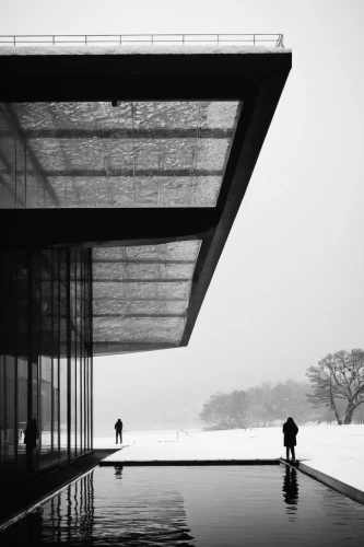 reflecting pool,autostadt wolfsburg,kennedy center,archidaily,japanese architecture,water wall,futuristic art museum,art museum,asian architecture,architecture,brutalist architecture,lago grey,forms,kirrarchitecture,kansai university,walkway,architectural,glass facade,boathouse,fountainhead,Illustration,Black and White,Black and White 33