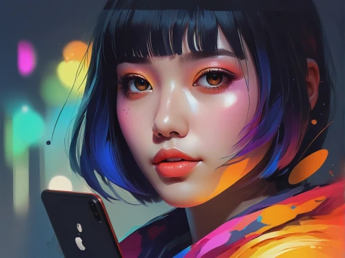 digital painting,girl portrait,world digital painting,colorful doodle,colorful light,neon colors,android inspired,colored lights,neon light,vector girl,digital art,neon,colorful background,neon candies,phone icon,study,illustrator,cell phone,fantasy portrait,color picker,Illustration,Paper based,Paper Based 07