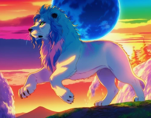 lion king,white lion,forest king lion,the lion king,rainbow background,lion father,dusk background,lion,lion white,majestic nature,lions,unicorn background,colorful background,african lion,masai lion,two lion,lions couple,majestic,king of the jungle,white lion family,Illustration,Japanese style,Japanese Style 03