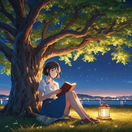 reading,relaxing reading,summer evening,euphonium,girl studying,read a book,little girl reading,romantic scene,bookworm,night-blooming jasmine,romantic night,idyll,the girl next to the tree,evening atmosphere,child with a book,fireflies,studio ghibli,starry sky,tea and books,writing-book,Photography,General,Realistic