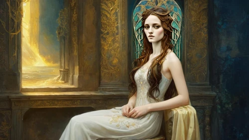 priestess,fantasy portrait,mystical portrait of a girl,elven,rusalka,girl in a long dress,fantasy art,celtic queen,artemisia,golden crown,the enchantress,gothic portrait,cinderella,rapunzel,sorceress,accolade,fantasy picture,girl in a long,cleopatra,dryad