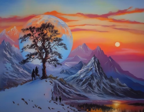 snow landscape,winter landscape,fantasy landscape,winter background,landscape background,fantasy picture,mountain scene,snowy landscape,snow scene,fantasy art,mountain landscape,ice landscape,christmas landscape,purple landscape,art painting,oil painting on canvas,winter dream,lone tree,snowy mountains,mountainous landscape,Illustration,Paper based,Paper Based 04