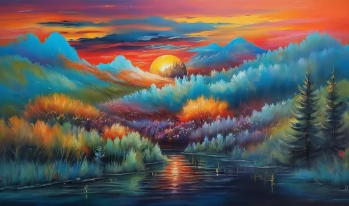 mountain sunrise,oil painting on canvas,painting technique,river landscape,oil on canvas,mountain scene,mountain landscape,oil painting,landscape background,nature landscape,fantasy landscape,autumn landscape,art painting,autumn mountains,fall landscape,forest landscape,purple landscape,mountain river,high landscape,fire mountain,Illustration,Paper based,Paper Based 04