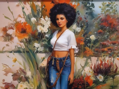 girl in flowers,beautiful girl with flowers,floral,flower painting,oil painting on canvas,oil on canvas,oil painting,flower girl,floral corner,flora,painter doll,art model,retro flowers,flower art,holding flowers,desert flower,with a bouquet of flowers,70s,art gallery,artist's mannequin,Illustration,Paper based,Paper Based 04
