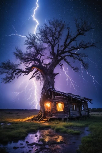 lightning storm,lightning strike,thunderstorm,isolated tree,lightening,a thunderstorm cell,nature's wrath,damaged tree,lightning,tree house,treehouse,lightning damage,magic tree,broken tree,lone tree,natural phenomenon,ancient house,san storm,stormy,landscape photography,Conceptual Art,Sci-Fi,Sci-Fi 30