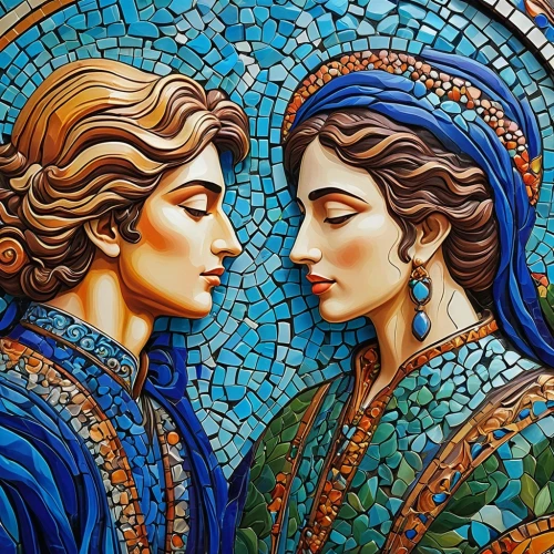 mosaics,art nouveau,glass painting,young couple,mirror image,man and woman,assyrian,two people,oil painting on canvas,amorous,art deco,decorative art,mosaic glass,art nouveau design,vintage man and woman,shashed glass,the annunciation,samarkand,courtship,couple,Art,Artistic Painting,Artistic Painting 38