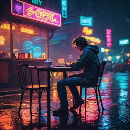 neon coffee,rain bar,cyberpunk,in the rain,rainy,to be alone,diner,retro diner,man on a bench,rainy day,blue rain,chair and umbrella,neon drinks,alone,lonely,aesthetic,heavy rain,atmosphere,loneliness,street cafe,Unique,Pixel,Pixel 04