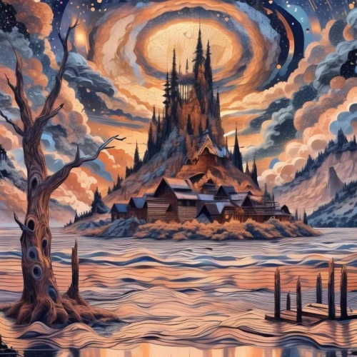 fantasy landscape,water castle,fantasy world,world digital painting,fantasy picture,fantasy art,northrend,spire,fairy chimney,castle of the corvin,fairy tale castle,maelstrom,disney castle,knight's castle,ghost castle,dusk background,sea fantasy,church painting,imperial shores,fantasy city