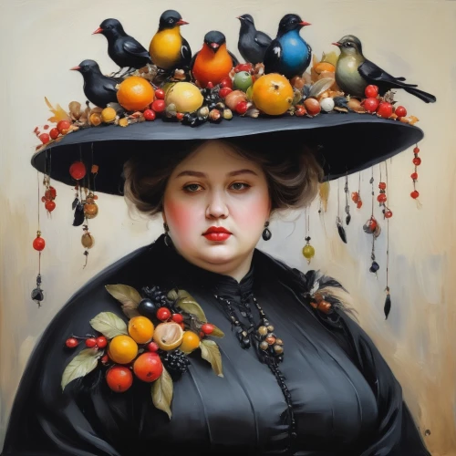 crow queen,victorian lady,cornucopia,black hat,the hat of the woman,cloves schwindl inge,basket of apples,woman holding pie,basket of fruit,woman's hat,black berries,blackbirds,old world oriole,woman eating apple,portrait of a hen,vintage art,cart of apples,exotic bird,fruit bowl,black bird,Illustration,Paper based,Paper Based 11