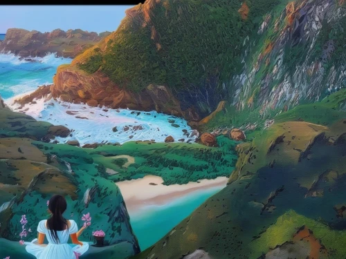 monkey island,sea caves,the blue caves,puffins,gnome skiing,cliffs ocean,blue caves,cartoon video game background,virtual landscape,sea cave,the cliffs,king penguins,ravine,an island far away landscape,dolphin coast,3d fantasy,studio ghibli,northrend,cliffs,fantasy landscape,Illustration,Paper based,Paper Based 04