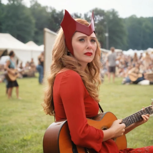 scarlet witch,devil,sint rosa festival,folk festival,queen of hearts,red cat,red bow,costume festival,ukulele,folk music,pitchfork,music festival,fire devil,banjo uke,guitar,concert guitar,red riding hood,fantasy woman,balalaika,fire siren