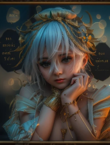 fantasy portrait,alice,fairy tale character,cinderella,the sea maid,artist doll,rem in arabian nights,poppy,vintage doll,tears bronze,fairytale characters,fae,painter doll,faerie,faery,pixie,fantasy art,fantasy girl,girl with speech bubble,gold foil mermaid,Photography,General,Fantasy