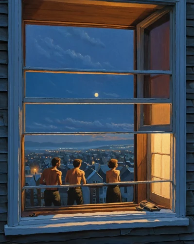 bedroom window,rear window,window with sea view,window sill,in the evening,night scene,the window,summer evening,window view,evening atmosphere,windowsill,wooden windows,window pane,french windows,window to the world,open window,viewing,moonrise,bay window,row of windows,Art,Artistic Painting,Artistic Painting 48