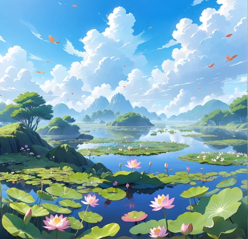 landscape background,meadow landscape,blooming field,springtime background,sea of flowers,lily pond,flower field,spring background,fantasy landscape,cartoon video game background,lotus pond,salt meadow landscape,field of flowers,japanese floral background,flower background,background vector,fairy world,water lilies,summer meadow,flowers field,Anime,Anime,Traditional