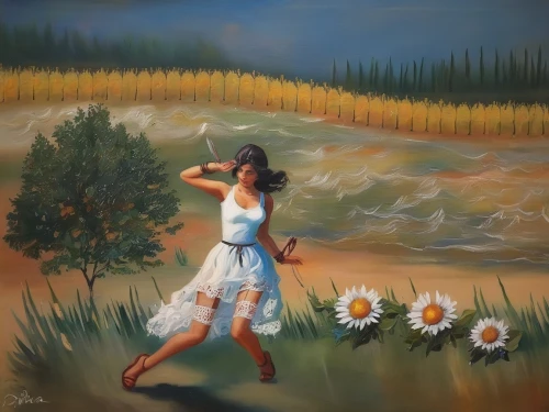girl picking flowers,girl in flowers,sun daisies,chamomile in wheat field,daisies,flower painting,daisy flowers,little girl in wind,yellow daisies,girl in the garden,oil painting,field of flowers,mayweed,sunflowers,oil painting on canvas,falling flowers,australian daisies,scattered flowers,woman playing,sunflower field,Illustration,Paper based,Paper Based 04