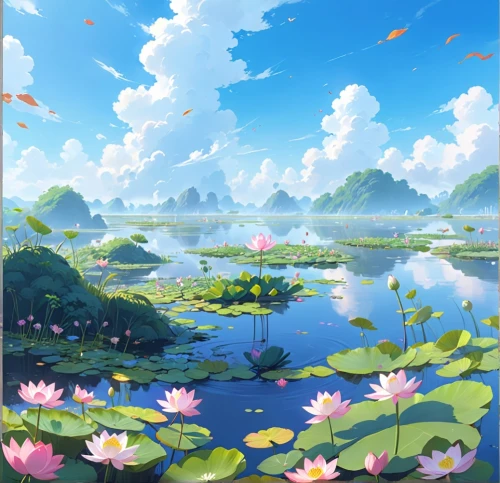 landscape background,water lilies,lily pond,lotus pond,sea of flowers,lotus on pond,springtime background,spring background,white water lilies,waterlily,lily pads,flower background,blooming field,water lotus,flower water,japanese floral background,芦ﾉ湖,heaven lake,pink water lilies,flower field,Anime,Anime,Traditional