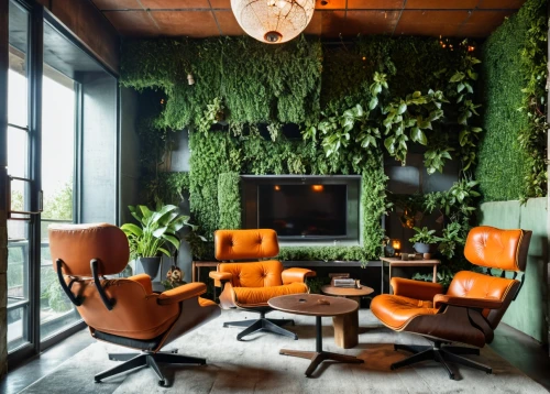 modern office,creative office,forest workplace,hanging plants,interior design,intensely green hornbeam wallpaper,green living,green plants,modern decor,conference room,offices,contemporary decor,mid century modern,chaise lounge,meeting room,corten steel,house plants,greenery,lounge,industrial design