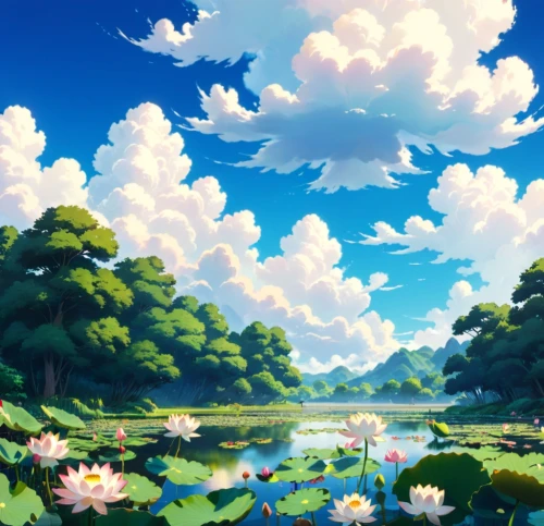 landscape background,springtime background,spring background,summer background,heaven lake,blooming field,idyllic,summer day,frog background,fairy world,lily pond,meadow landscape,fantasy landscape,bird kingdom,summer sky,art background,nature landscape,idyll,dream world,sea of flowers,Anime,Anime,Traditional