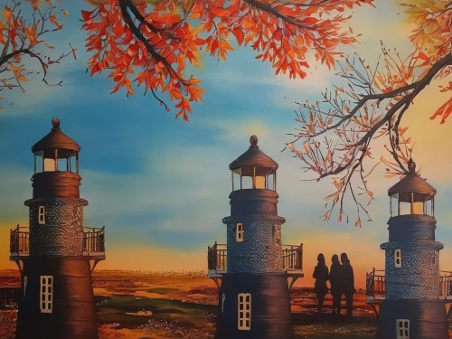 church painting,autumn landscape,lighthouse,fall landscape,chimneys,red lighthouse,light house,birdhouses,khokhloma painting,church towers,electric lighthouse,autumn trees,autumn background,the windmills,crown engine houses,autumn scenery,cottages,art painting,autumn idyll,autumn decoration,Illustration,Paper based,Paper Based 04