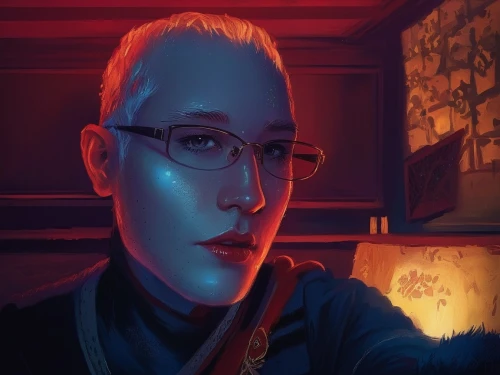 fantasy portrait,cyber glasses,portrait background,librarian,moody portrait,digital painting,self-portrait,room lighting,romantic portrait,custom portrait,blue light,lokportrait,tilda,blue lamp,sci fiction illustration,artist portrait,psychic vampire,male elf,blue room,silphie,Conceptual Art,Fantasy,Fantasy 17