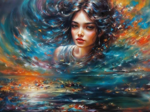 water nymph,mystical portrait of a girl,oil painting on canvas,girl on the river,submerged,water lotus,siren,oil painting,immersed,fantasy art,watery heart,fantasy portrait,boho art,art painting,water rose,the wind from the sea,the sea maid,underwater background,flowing water,colorful water,Illustration,Paper based,Paper Based 04