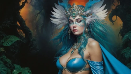 blue enchantress,fantasy art,sorceress,faerie,fantasy woman,priestess,fantasy picture,the enchantress,merfolk,faery,dryad,heroic fantasy,fantasy portrait,shamanic,dark angel,harpy,fairy queen,garuda,archangel,feather headdress