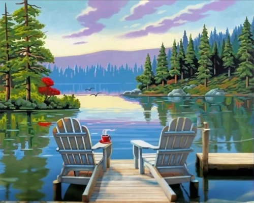 art painting,summer cottage,two jack lake,landscape background,home landscape,river landscape,painting technique,oil painting on canvas,coastal landscape,lakeside,boat landscape,picnic table,cottage,deckchairs,lake view,evening lake,picnic boat,nature landscape,idyll,background view nature