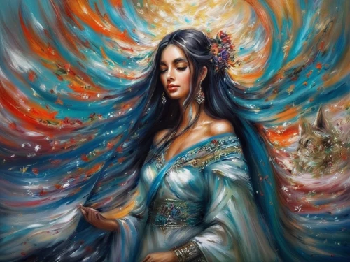 fantasy art,mystical portrait of a girl,oriental princess,boho art,jasmine blossom,jasmine,fantasy portrait,radha,blue enchantress,jasmine blue,fantasy picture,gypsy soul,priestess,persian,art painting,fairy queen,the enchantress,yogananda,sorceress,oil painting on canvas,Illustration,Paper based,Paper Based 04