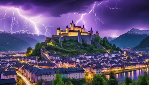 cochem castle,dracula castle,fairy tale castle sigmaringen,fantasy picture,cochem,wall,hohenzollern,hohenzollern castle,medieval castle,thun,transylvania,templar castle,medieval,rhineland palatinate,lightning storm,defense,castel,thunderstorm,medieval town,bach knights castle,Photography,General,Realistic