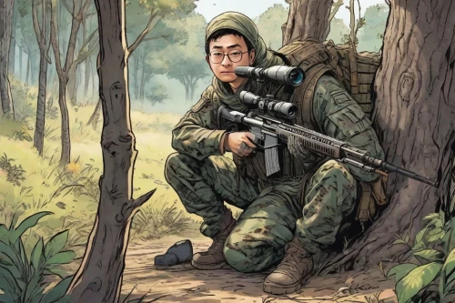 vietnam,war correspondent,monkey soldier,sniper,game illustration,lost in war,vietnam veteran,gi,airsoft,military camouflage,combat medic,boba,vietnam's,rifleman,m4a4,m4a1,camera illustration,hunting decoy,aaa,patrol,Digital Art,Comic