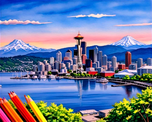 colorful city,seattle,colored pencil background,rainbow pencil background,space needle,rainier,crayon background,city scape,portland,landscape background,city skyline,mount hood,world digital painting,skyline,cable programming in the northwest part,cityscape,art painting,colored crayon,washington,background image,Conceptual Art,Daily,Daily 17