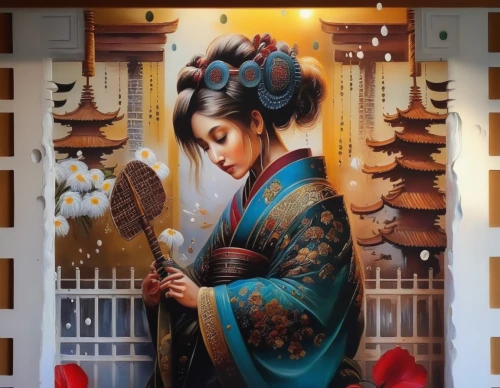 chinese art,japanese art,geisha girl,oriental painting,geisha,japanese woman,taiwanese opera,japanese culture,korean culture,tea ceremony,oriental girl,shamisen,asian culture,oriental,yunnan,japanese restaurant,oriental princess,meticulous painting,wall painting,dongfang meiren,Illustration,Paper based,Paper Based 04