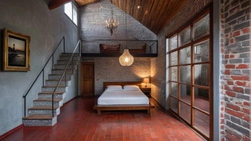 loft,brick house,sleeping room,boutique hotel,hallway space,red brick,attic,bedroom,sand-lime brick,guest room,contemporary decor,children's bedroom,home interior,great room,wall lamp,guestroom,guesthouse,modern room,red brick wall,hanok