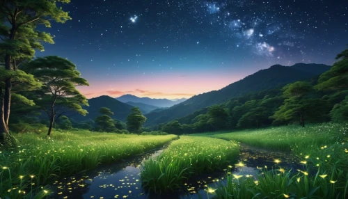 fireflies,fantasy landscape,starry sky,landscape background,fantasy picture,fairy galaxy,meadow landscape,colorful stars,milky way,fairy world,starry night,star of bethlehem,star-of-bethlehem,night stars,the milky way,magic star flower,garden star of bethlehem,mountain meadow,lilies of the valley,fairy forest,Photography,General,Realistic